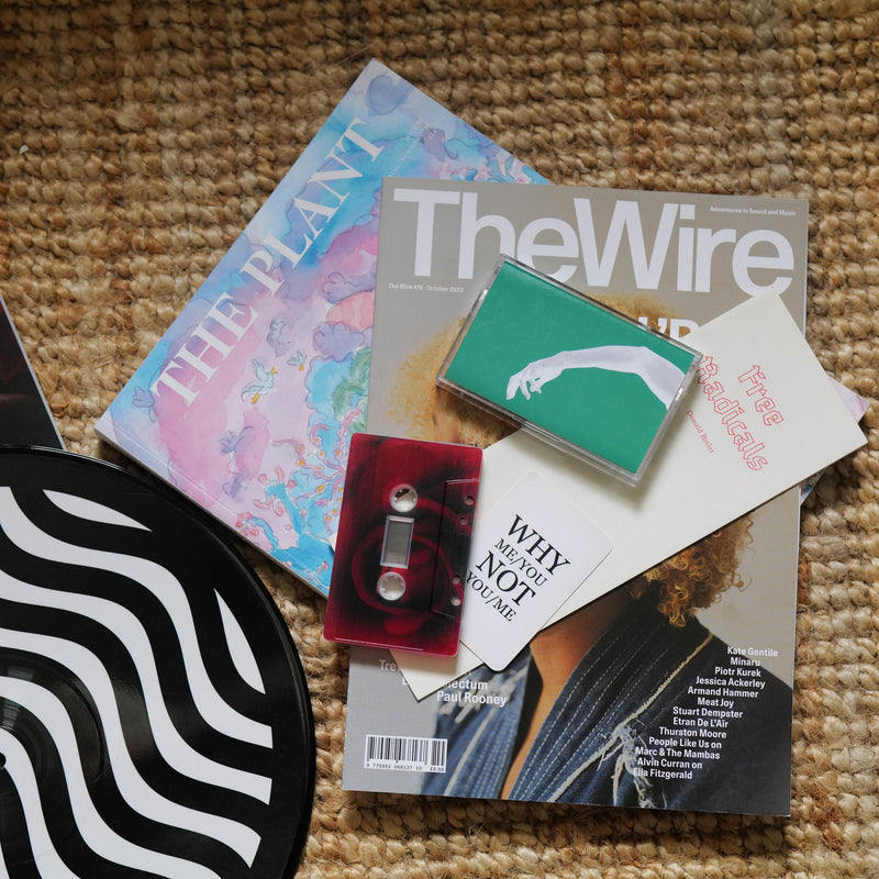 Magazines, a tape and vinyl on a brown carpet. 