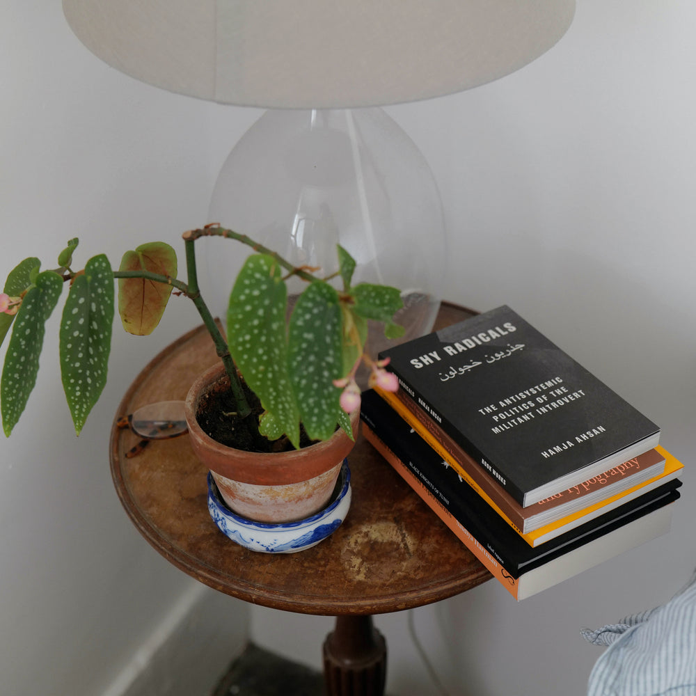 A pile of books, plant and lamp sit on a brown wooden bedside table.