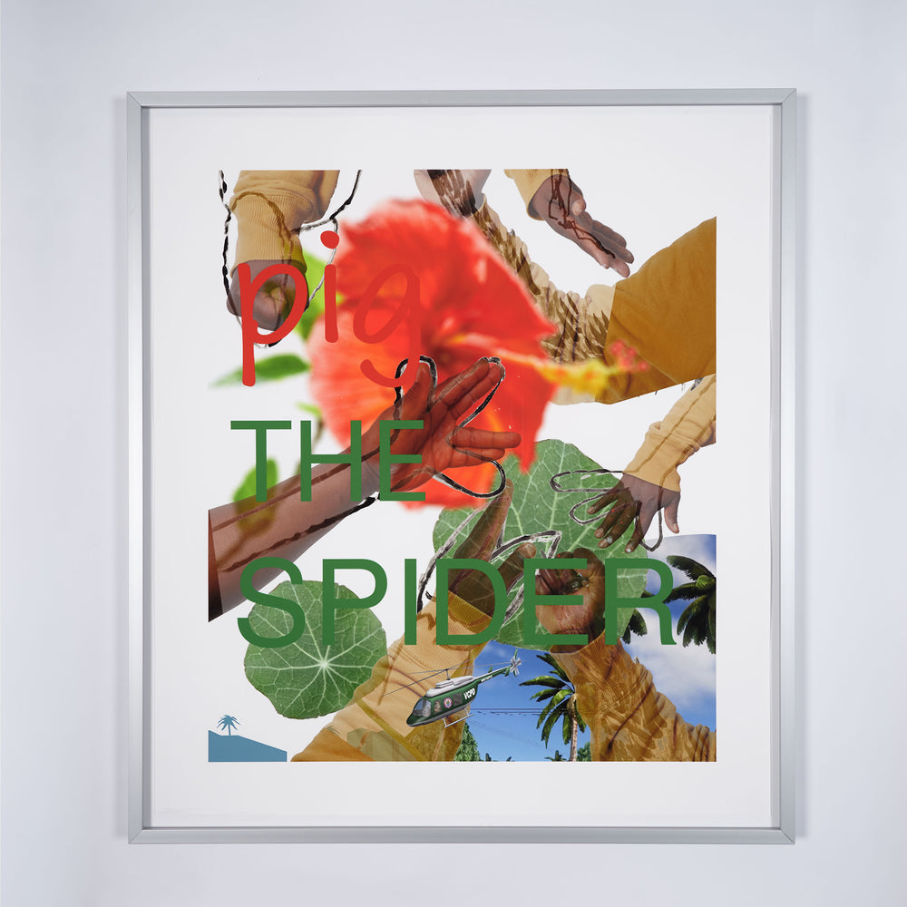 A limited edition artwork by artist Alvaro Barrington. The work is a photograph collage with lots of images of hands, leaves and trees. Over the collage are the words Pig the Spider.