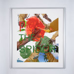A limited edition artwork by artist Alvaro Barrington. The work is a photograph collage with lots of images of hands, leaves and trees. Over the collage are the words Pig the Spider.