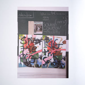 A poster by artist Alvaro Barrington. The image is of a blackboard with chalk writing on it and two artworks that say Spider the Pig, Pig the Spider.