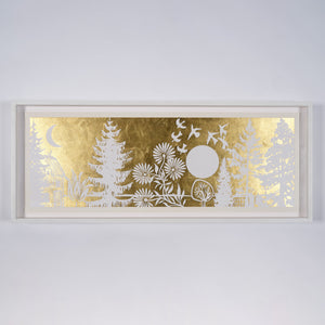 A limited edition framed artwork by artist Paul Morrison on a grey background. The artwork is a gold and white scene of trees, flowers and birds.