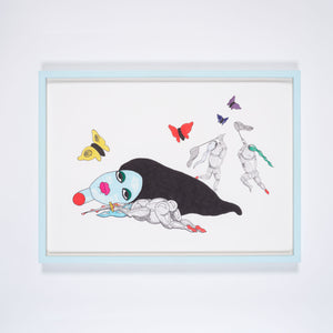 A limited edition illustration print in a light blue frame. The illustration is of a beheaded woman surrounded by knights in armour. One of the knights holds a sword and two others hold nets are are reaching to catch butterflies.