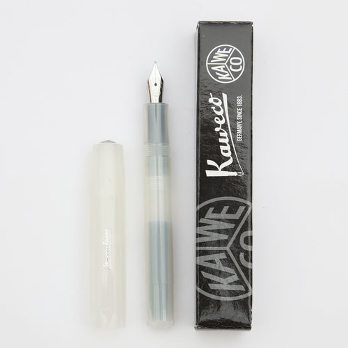 A transparent, white fountain pen made by Kaweco