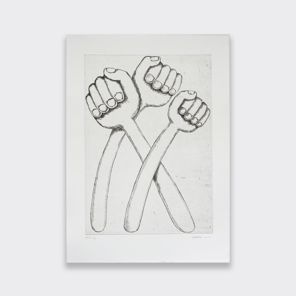 An illustration of three hands held in fists in black ink on a white background. This limited edition print is by artist Alicia Reyes McNamara.