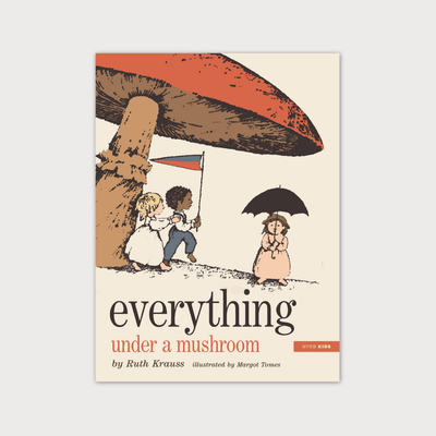 Cream book cover with illustration of a red mushroom with small figures beneath it. Book by Ruth Krauss