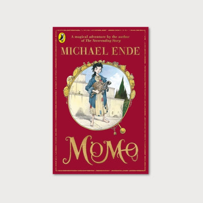 Red book cover with gold text and illustration of a child holding a tortoise at the centre of the cover. By Michael Ende