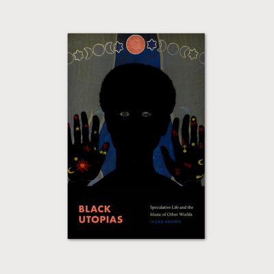 Dark green, blue and black book cover with illustration of person holding two hands up, which are covered in symbols. By Jayna Brown
