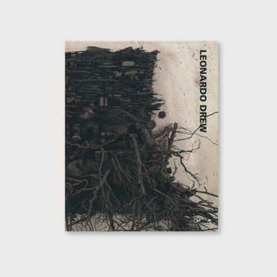 The author of the book is Leonardo Drew. There is an image of a large black abstract sculptural installation on the cover page on a white background. The image consists of materials such as paper, wood, tree branches and roots, rust and mud that are stacked on top of each other.
