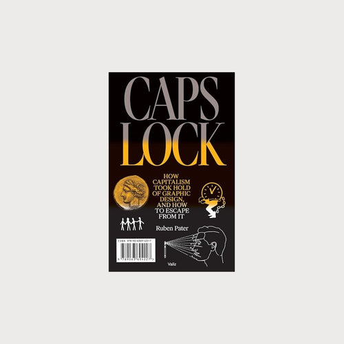 A black book on a grey background with yellow and grey text and illustrations on the cover. The book is titled Caps Lock.