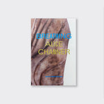A book with an image of a brown stone and blue and yellow writing on the cover, on a grey background. The book is titled Breathing by artist Alice Channer.