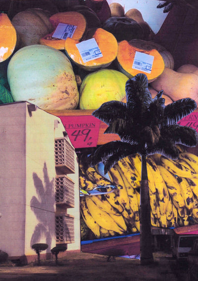 A colourful collage print made by artist Chiizii. The collage consists of photos of food including melons and plantain, a palm tree and a building. The photos were taken in London and Nigeria.