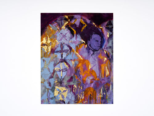 Image of a print of Christina Kimeze's 'Arches'. The print is an abstract painting with a stamped diamond blue and gold pattern, accents in orange around the profile off a figure painted in different shades of purple. The top off the painting has overlapping arches in a magenta red. The print is on a grey background. 