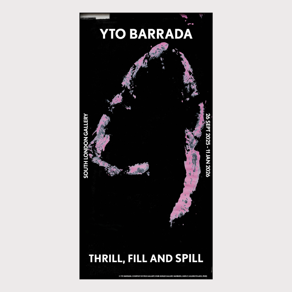 Poster for YTO Barrada exhibition at South London Gallery with abstract pink design on black background