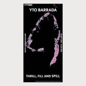Poster for YTO Barrada exhibition at South London Gallery with abstract pink design on black background