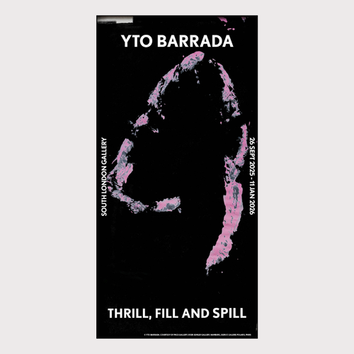Poster for YTO Barrada exhibition at South London Gallery with abstract pink design on black background