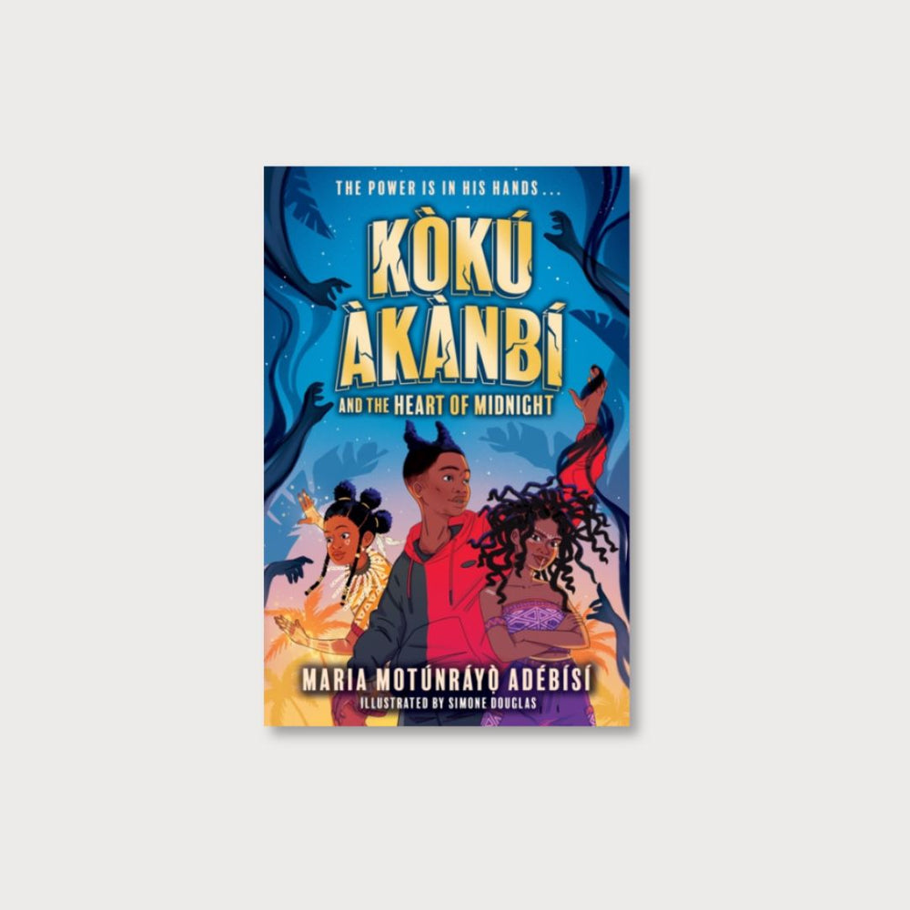 An illustrated cover of a book called Koku Akanbi and the heart of midnight. Written by Maria Motunrayo Adebisi and illustrated by Simone Douglas.