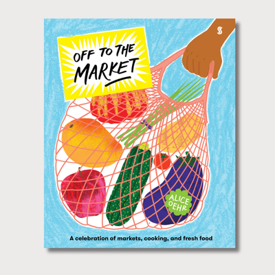 The book is called 'Off To The Market: A celebration  of markets, cooking, and fresh boof' by Alice Oehr. The book is on a white background and the cover page is blue with an illustration that 
features a hand that is holding a red mesh shopping bag filled with colourful fruits and vegetables, such as an apple, mango, egg plant, tomato, potato. 