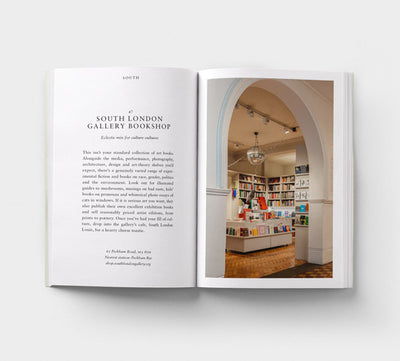 An open book on a grey background.  The spread shows a short text about the positive qualities of the South London Gallery Bookshop, and a photograph of the shop space.