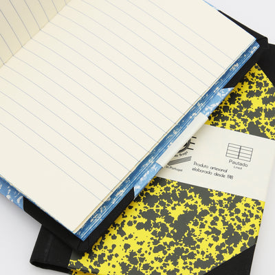 An open notebook with blue lines on white paper, with a yellow and black speckled notebook in the background.