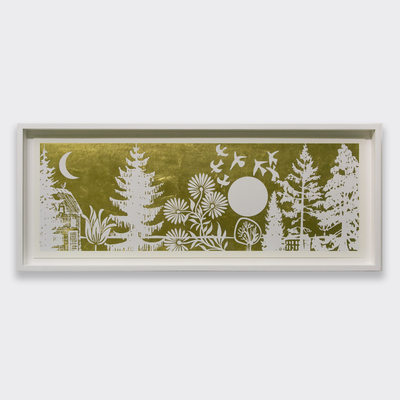 A limited edition framed artwork by artist Paul Morrison on a grey background. The artwork is a gold and white scene of trees, flowers and birds.