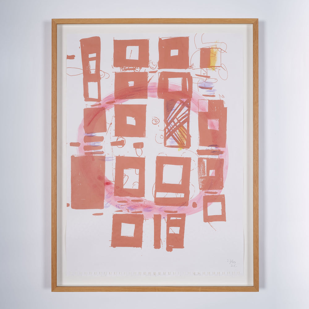 An artist edition on paper by artist Susan Cianciolo. The print is abstract and made of bright red squares and shapes.