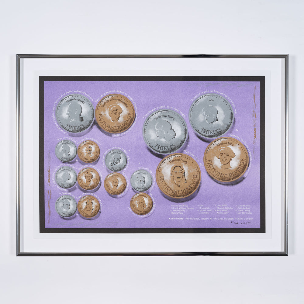 A limited edition artwork of illustrations of silver and gold coins on a light purple background. By artist Michelle Williams Gamaker.