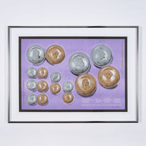 A limited edition artwork of illustrations of silver and gold coins on a light purple background. By artist Michelle Williams Gamaker.