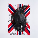 A limited artist edition by artist Erik van Lieshout. An image of a black cat is seen over blue and red stripes.