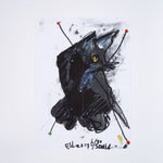 A limited artist edition by artist Erik van Lieshout. An illustration of a black cat with a big X written over it.