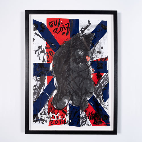 A limited artist edition by artist Erik van Lieshout. An image of a cat appears over a union jack flag. There are lots of expressive black paint lines and some numbers scrawled over the image.