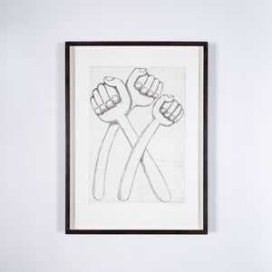 An illustration of three hands held in fists in black ink on a white background. This limited edition print is by artist Alicia Reyes McNamara.
