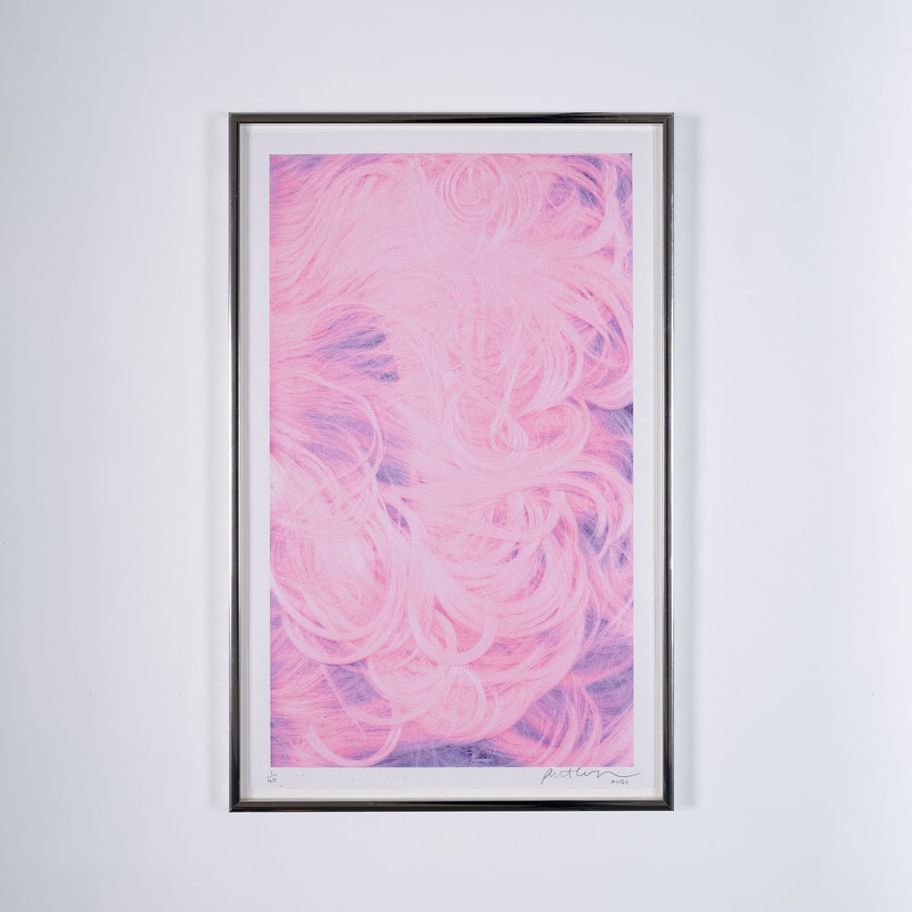 A framed photograph by Rita Keegan of bright pink hair.