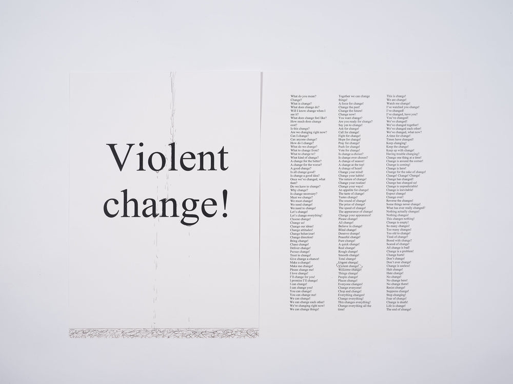 A framed limited edition artwork print. The print is white with grey text, on the left it reads Violent change!