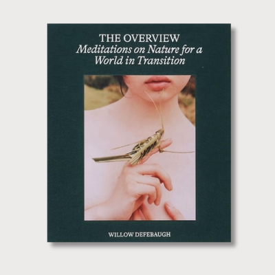 This is a book called 'The Overview: Meditations on Nature for a World in Transition' by Willow Defebaugh. It has an image of a person that has a small green creature on their finger as it's cover page on a white background.