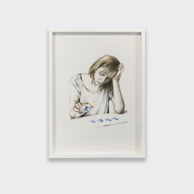 A framed illustration by Edward Thomasson. The illustration is of a young woman leaning on a table. She is stamping an image of a blue person onto a sheet of paper.