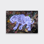 A colourful artist print by Chila Kumari Singh Burman. The print is a collage with lots of glitter and beads and a tiger made of neon lights.