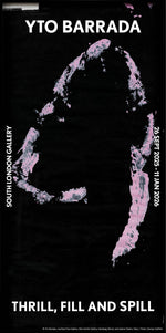 Black poster with pink abstract design and text about an art exhibition by YTO Barrada at South London Gallery.