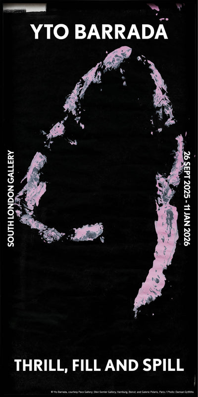 Black poster with pink abstract design and text about an art exhibition by YTO Barrada at South London Gallery.