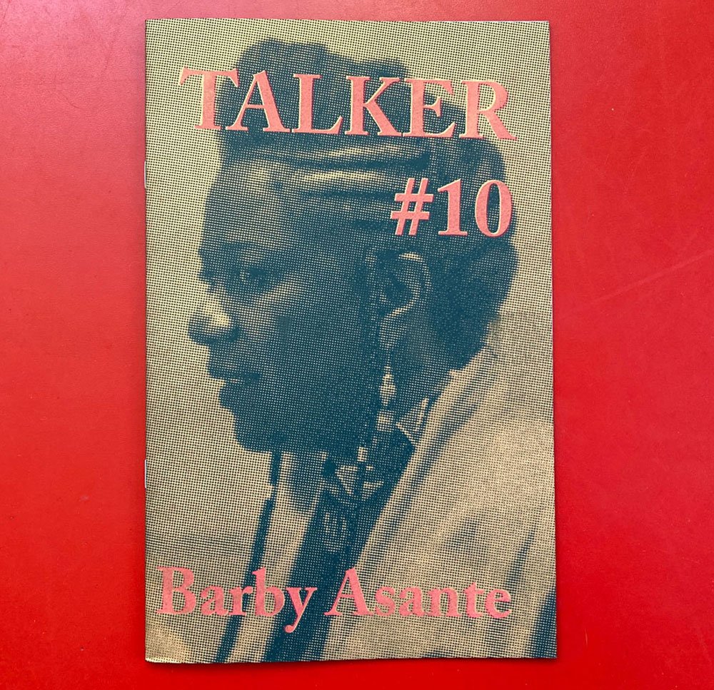 Book cover with the title 'Talker #10 Barby Asante' in large red text. The cover is beige with an abstract protrait Barby Asante.g. 