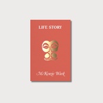 Red book cover with an cut-out face of a monkey in gold. The book's title Life story is at the top in capital letters and the authors name Mckenzie Wark is under the gold monkey in italics.