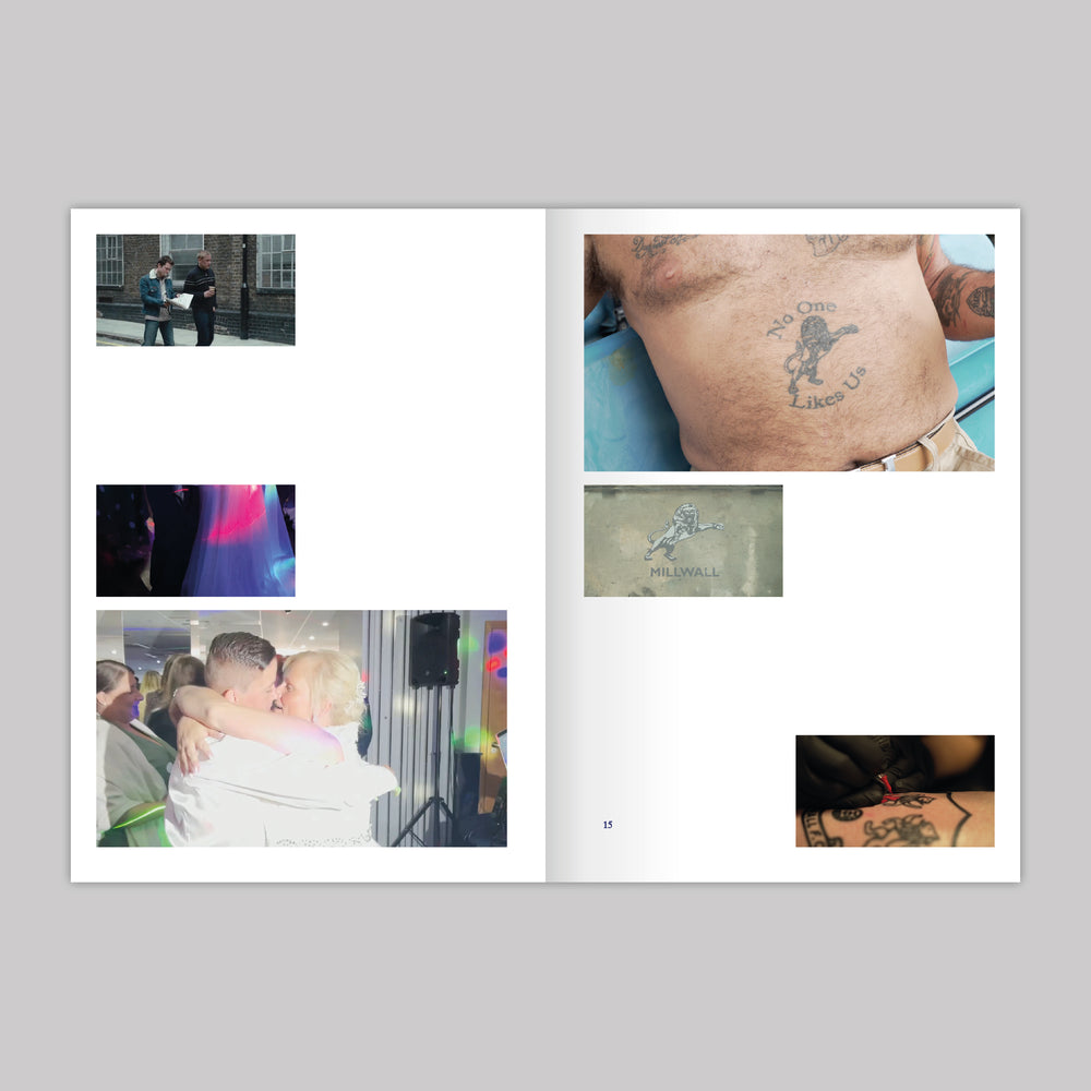 Two inner pages with still from the film, inncluding a couple embracing, a close up of someone being tattooed, and an image of a man's belly with a millwall tattoo. 