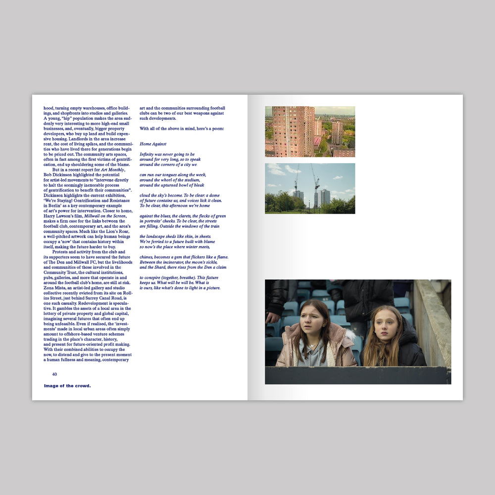 Inner pages of the publication featuring text from ann essay, 2 photograpphs of Bermondsy, and a photograph of two young girls watching the game. 