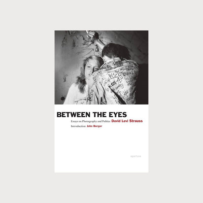 A book with a black and white image of two people on the cover. The book is called Between the Eyes: Essays on Photography and Politics by David Levi Strauss and is on a grey background.