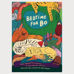 A large colourful book cover wiith a child sleeping on a cushion, surrounded by many sleeping animals, including a zebra, a lion, a crocodile, cats, dogs, and birds.