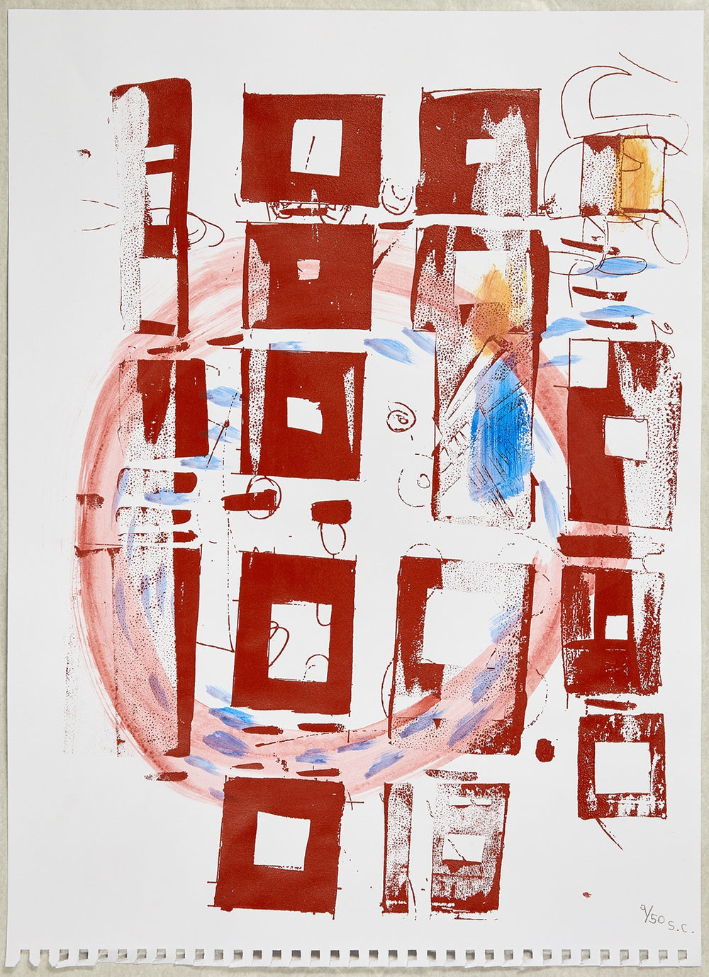 An artist edition on paper by artist Susan Cianciolo. The print is abstract and made of bright red squares and shapes. 