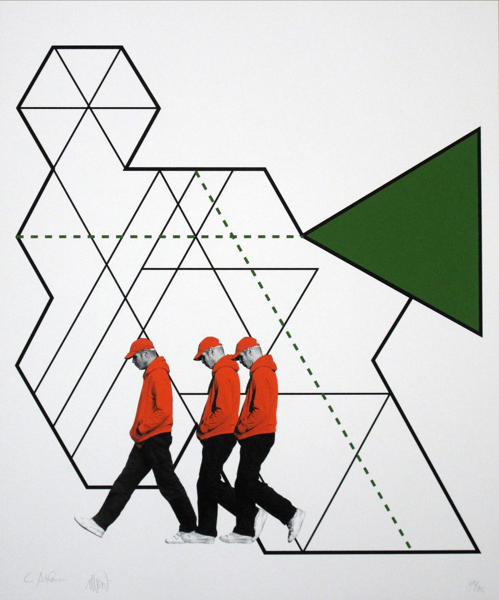 A collage print of various geometric shapes and a figure wearing a red hoody walking across the page. 