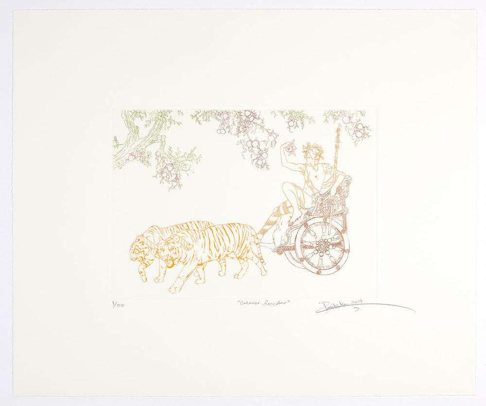 A limited edition artwork print by Raqib Shaw of a gold chariot led by two tigers.